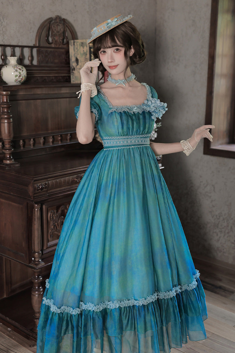 Water Lily Square Collar Ruffled Lace-Up Royal Lolita Dress