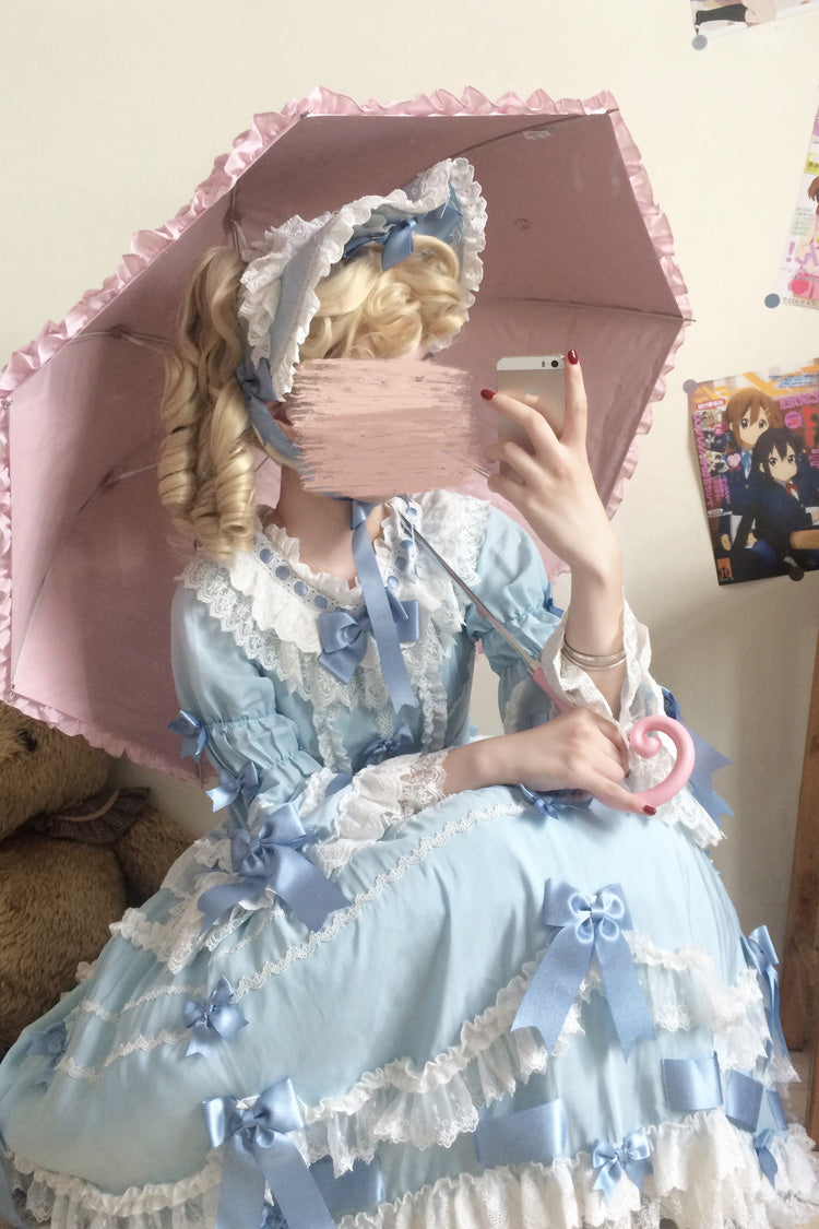 Blue Round Collar Long Trumpet Sleeve Bow Lace Elegant Princess Dress
