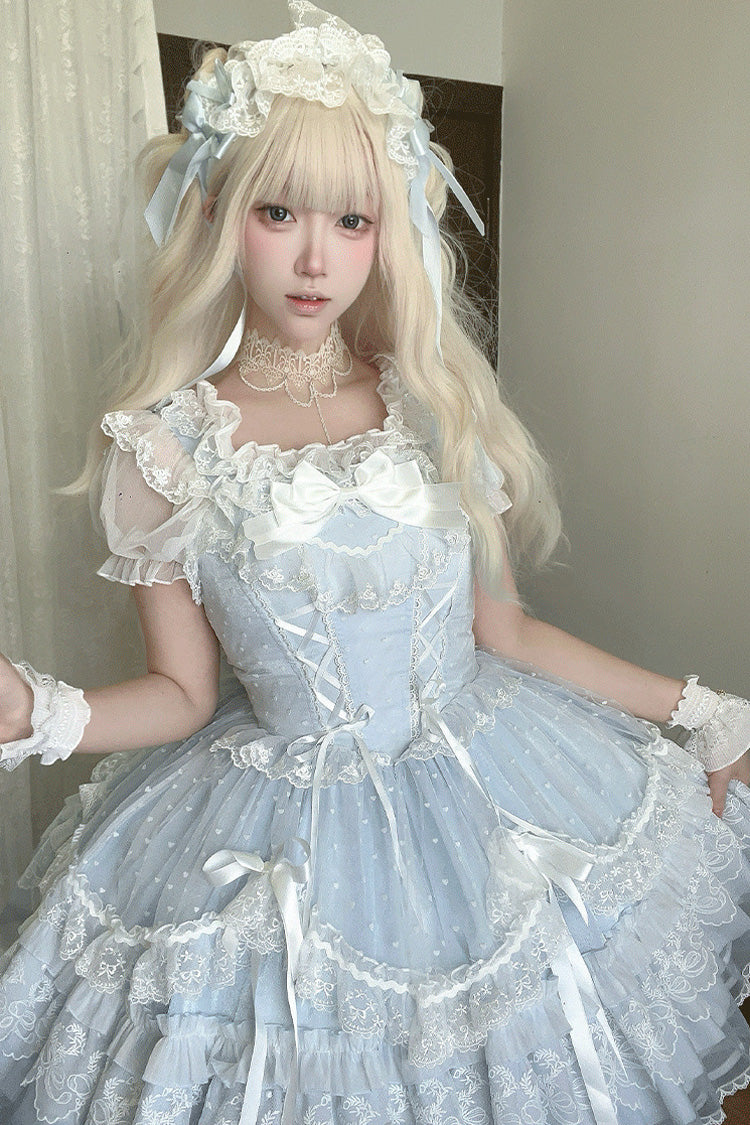 Cerulean Sleeveless Ruffle Bow Lace Corset Sweet Jumper Dress - Candy House