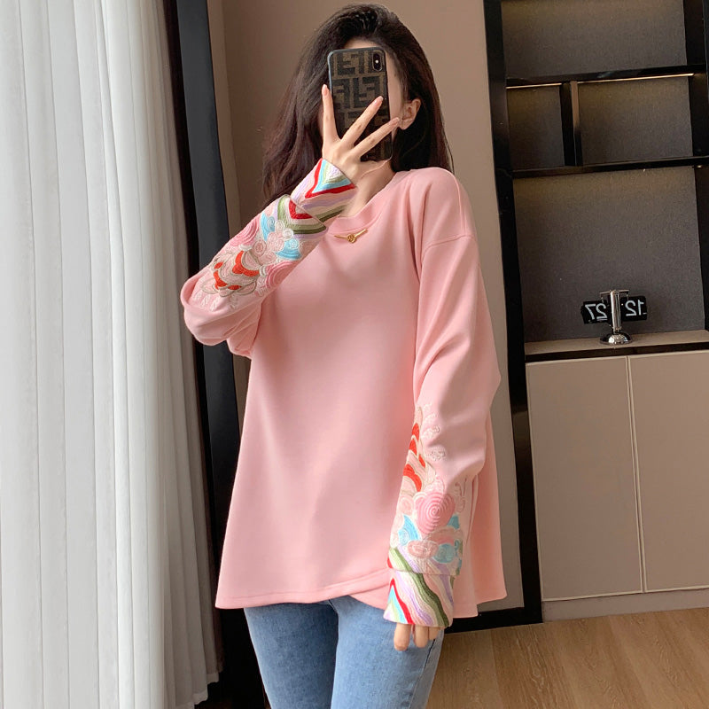 Pink Embroidery Round Collar Sweatshirt