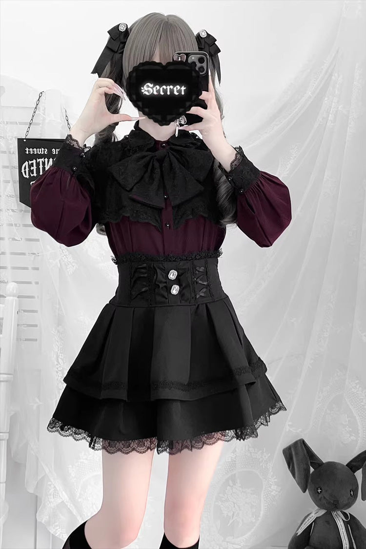Dark Moon Shadow Double-Layered Ruffled Embroidered Bow Corset Gothic Jirai Kei Top and Skirt Set
