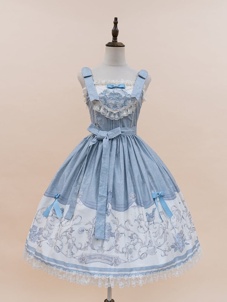 Floral Blue Lolita Jumper Skirt Print and Titmouse