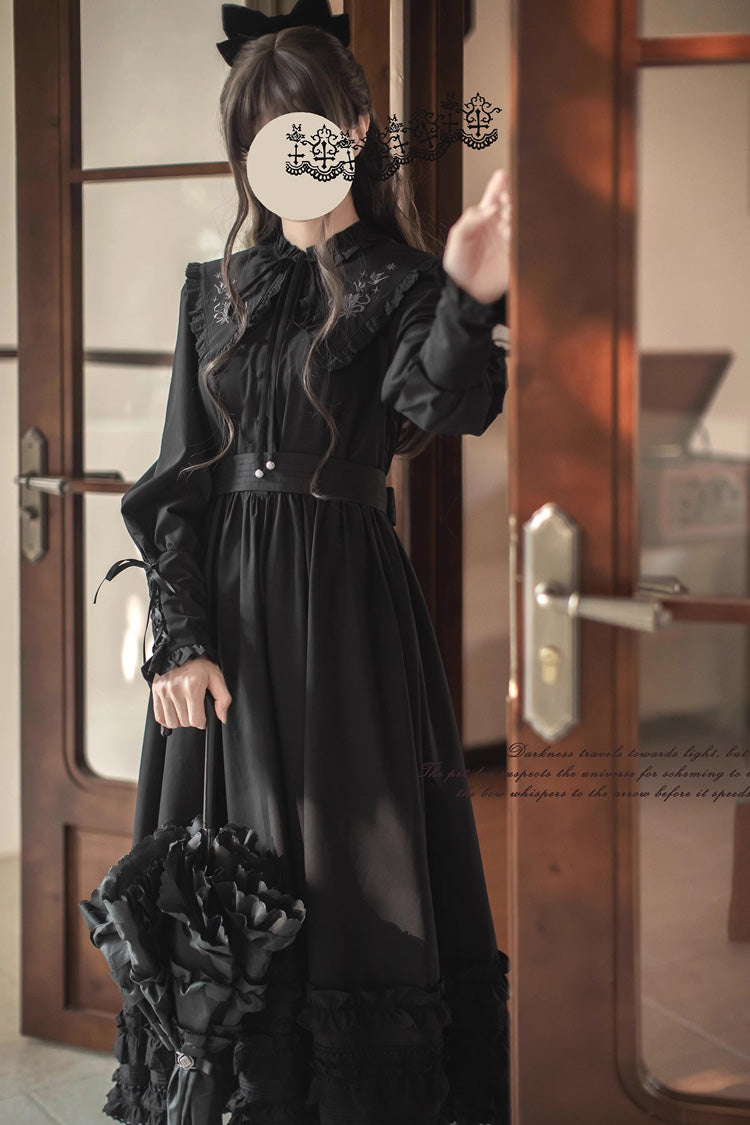 Noir Long Sleeve Ruffle Embroidered Bow Vintage Elegant Dress - Wind Kissed Tulips