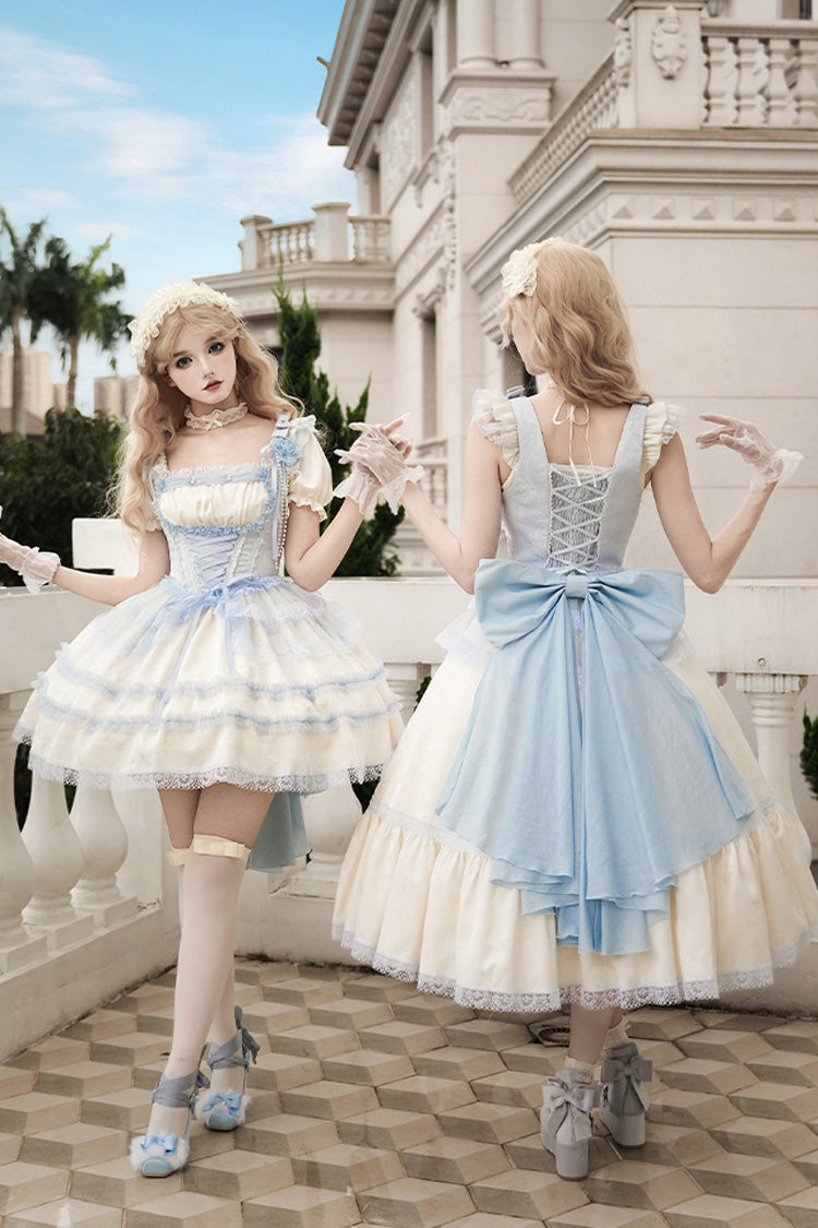 Ivory Square Collar Flutter Sleeve Ruffle Fishbone Sweet Long Jumper - Sea Salt Iced Tea