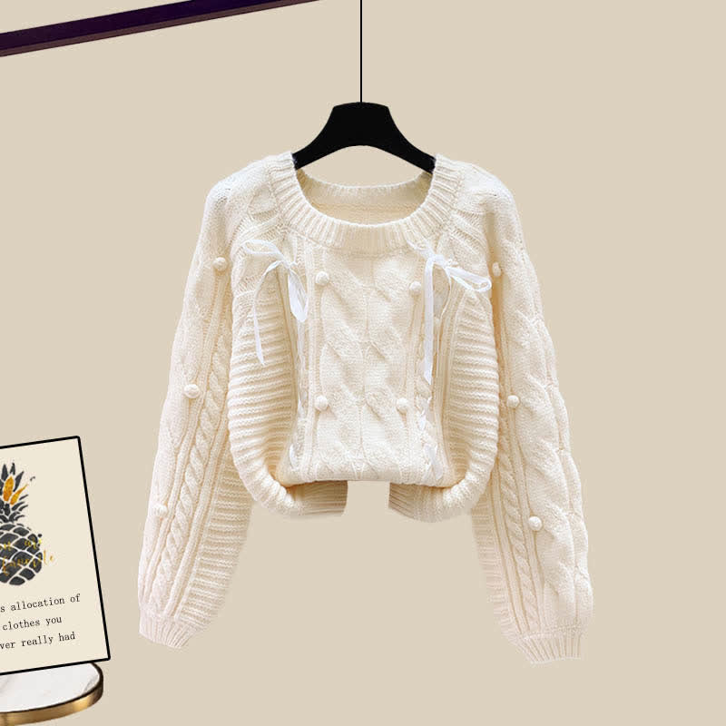 Pills Decor Cable Knit Sweater Skirt Set