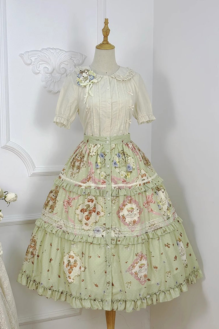 Green Cat Rose Tea Print Daily Sweet Lolita Skirt