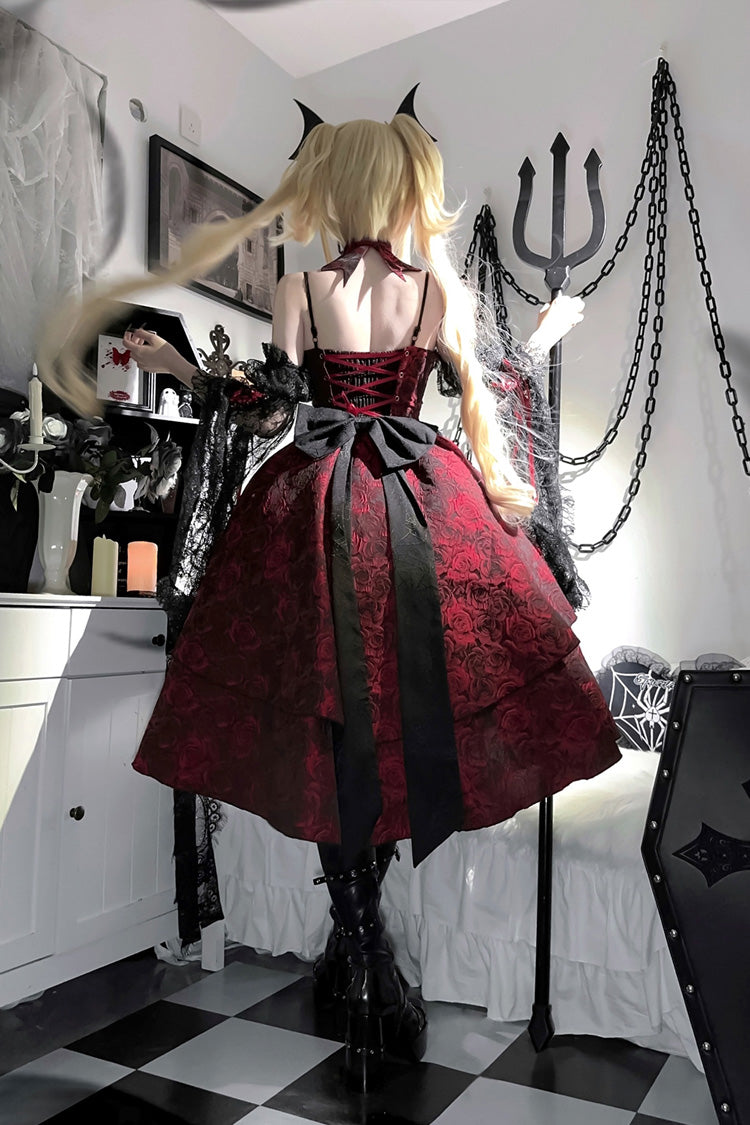 Black and Red Jacquard Print Gothic Lolita Dress with Lace-Up