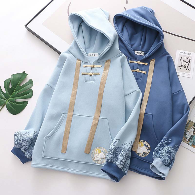 Casual Rabbit Embroidery Wave Print Hoodie