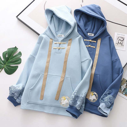 Casual Rabbit Embroidery Wave Print Hoodie