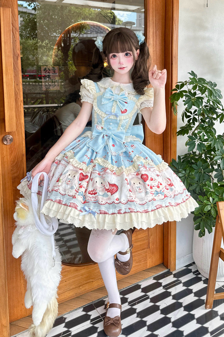 Blue [Cute Rabbit Party] Sleeveless Double-Layered Printed Ruffled Bow Sweet Lolita Jsk Dress