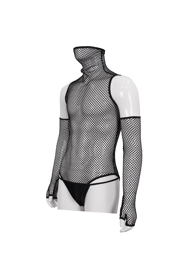 Sheer Mesh High-Collar Punk Onesie with Masked Gloves for Men