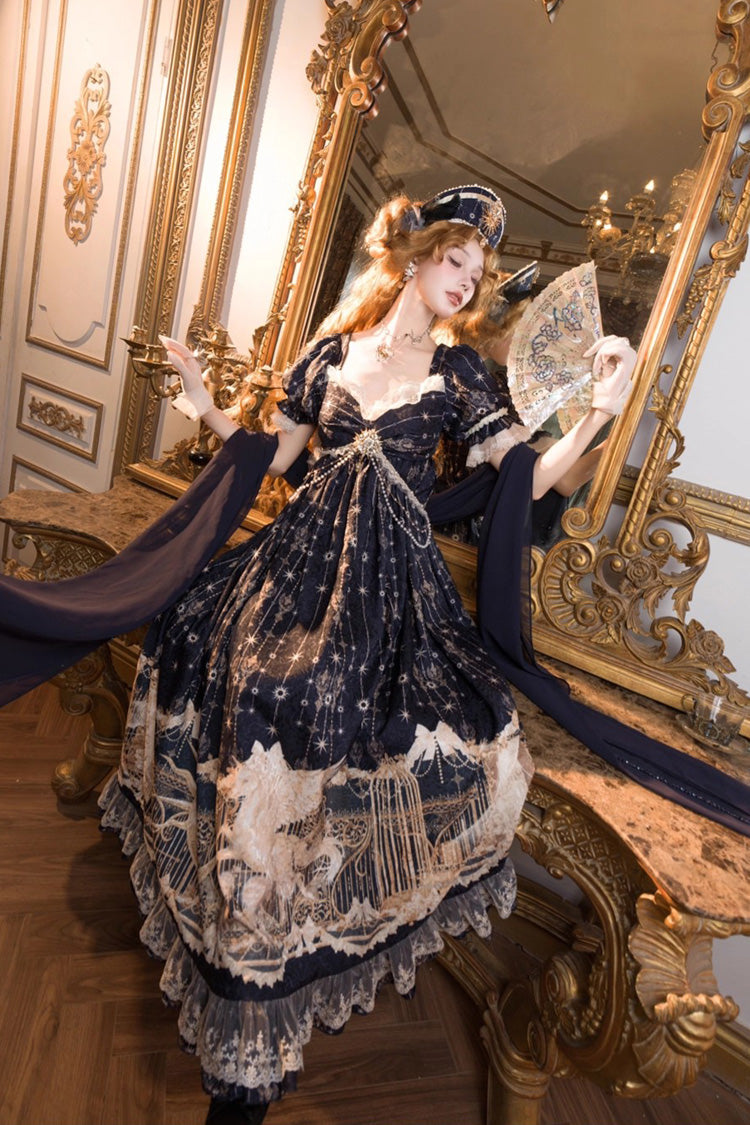 Unicorn V-Neck Short Sleeve Empire Print Bow Lace Elegant Lolita Gown
