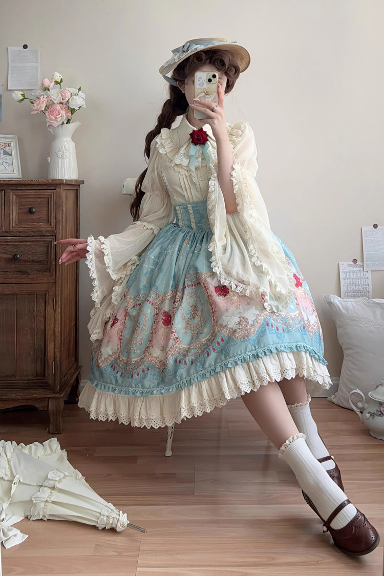 Blue Moonlit Garden Print Ruffle Lace Sweet Palace Lolita Skirt