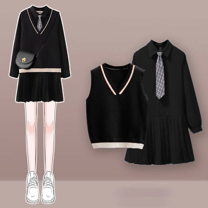 Preppy style Knit Vest Lapel Tie Pleated Shirt Dress Set