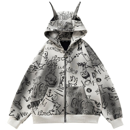 Grey Cartoon Graffiti Animal Ears Design Zip Hoodie