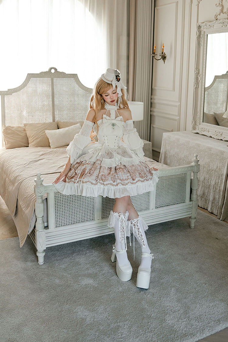 White Halterneck Print Bowknot Drawstring Gothic Lolita Dress