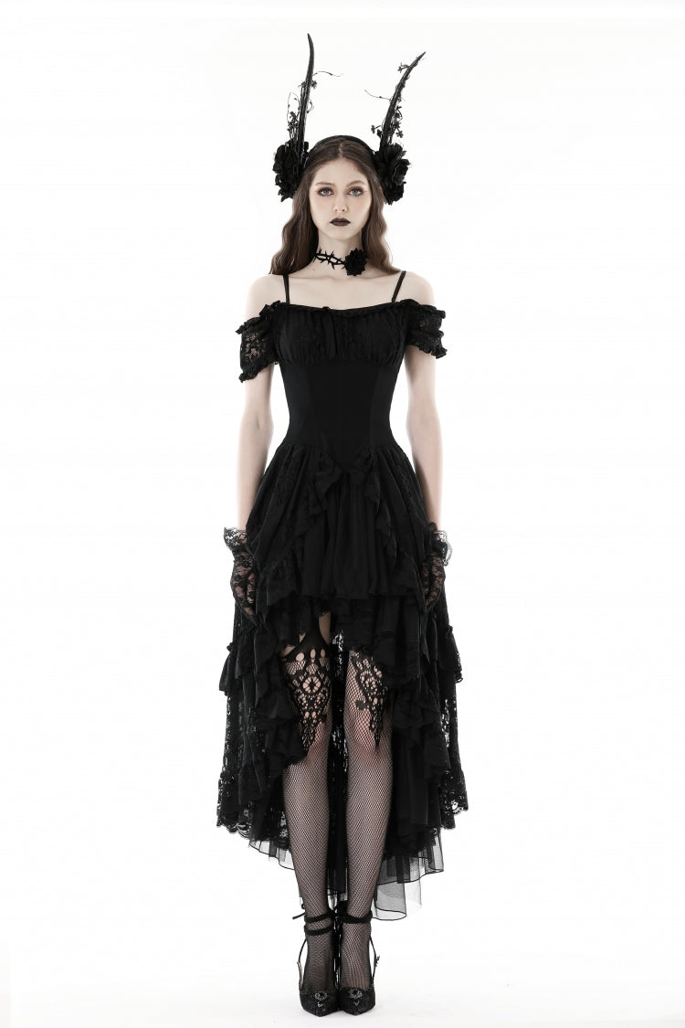 Gothic Dovetail Dress with Off-Shoulder Puff Sleeves & Lace