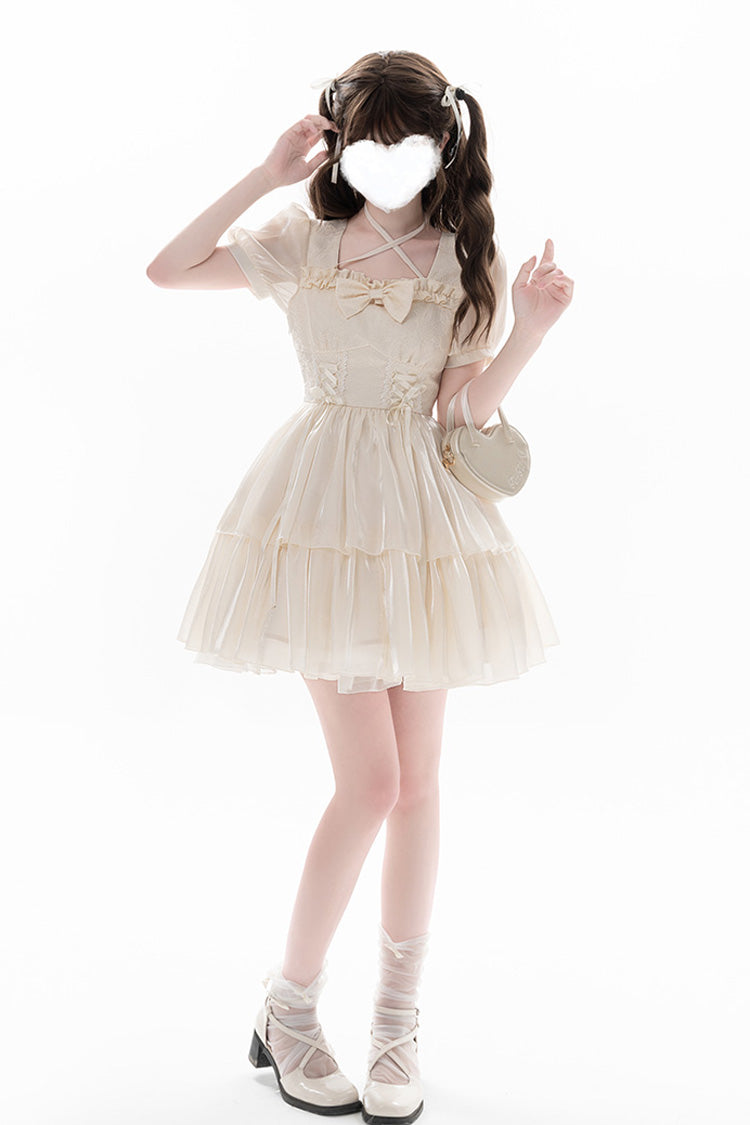 Apricot Prussian Legend Short Sleeves Multi-Layered Jacquard Ruffle Bow Sweet Dress