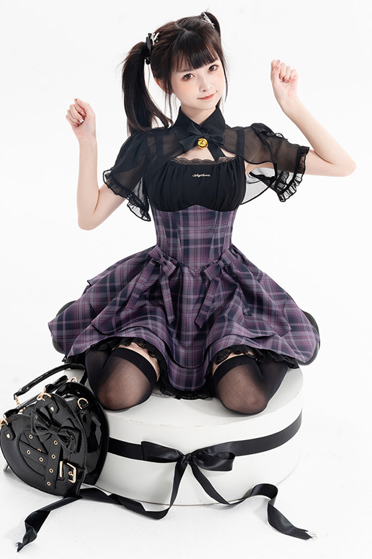 Purple Magic Cat Double-Layered Stripe Print Bow Sweet Lolita Jumper