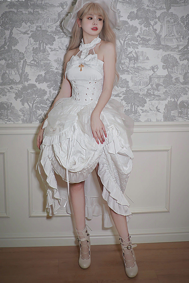 Solid Halterneck Ruffled Bowknot Drawstring Gothic Lolita Dress