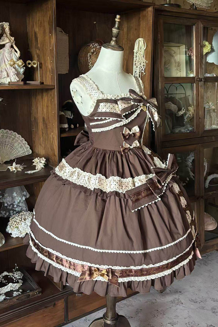 Dark Brown [Panda Gift] Square Collar Sleeveless Ruffled Bow Spliced Asymmetric Sweet Lolita Jsk Dress
