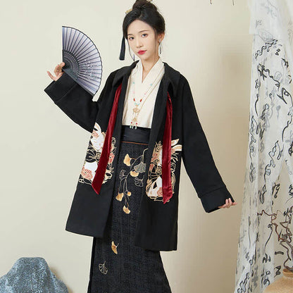 Elegant Bunny Embroideried Coat Shirt Floral High Waist Skirt