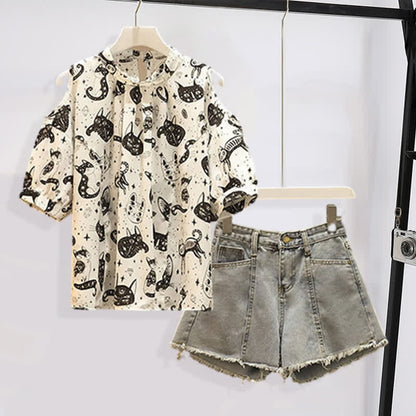 Kitty Print Cold Shouder Chiffon Shirt Casual Denim Shorts