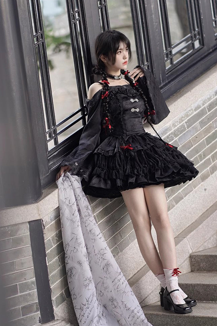 Gothic Chinese Lolita Skirt with Bamboo Leaves Print, Ruffles and Lace