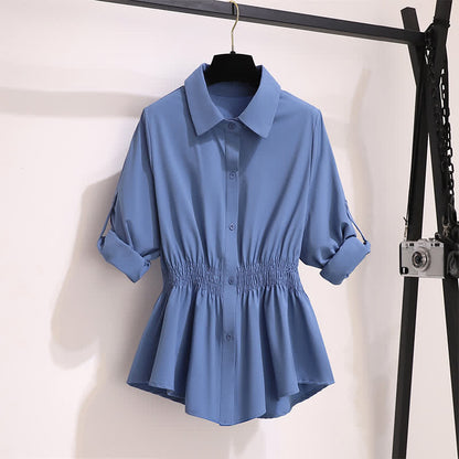 Blue Lapel Chiffon Shirt Flared Split Pants