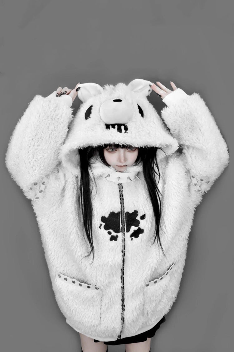 White Long Sleeve Bear Ear Hooded Zippered Gothic Jirai Kei Coat