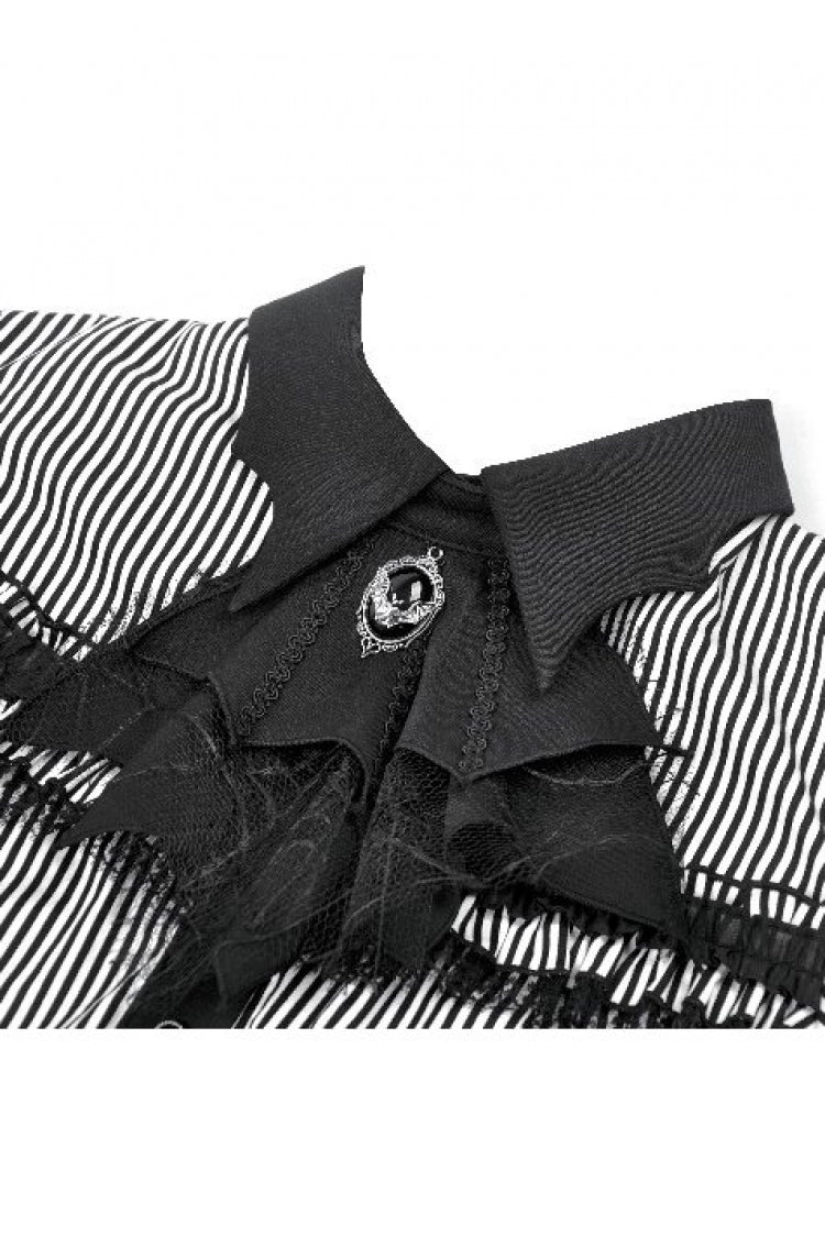Monochrome Preppy Swallow-Tailed Blouse with Pinstripes and Detachable Tie