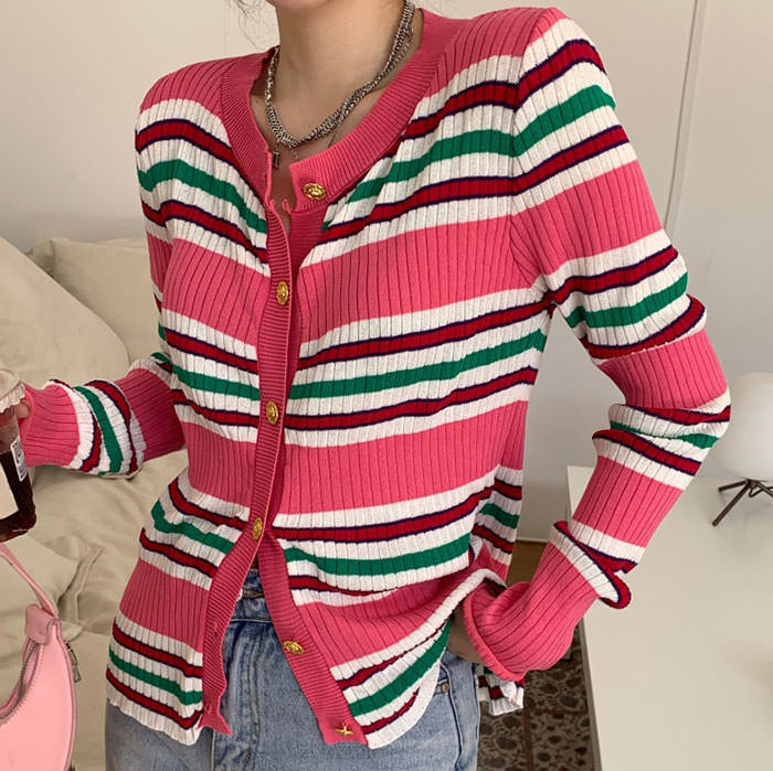 Pink Striped Ribbed Cardigan