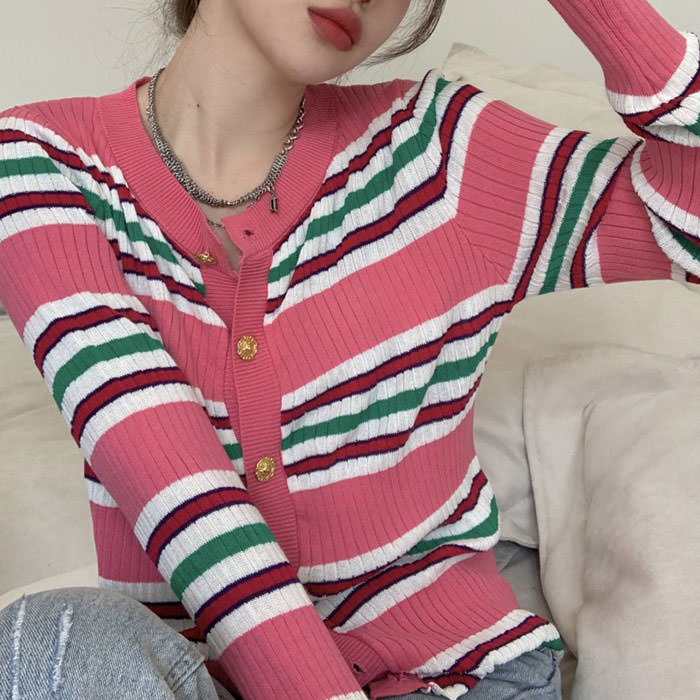 Pink Striped Ribbed Cardigan