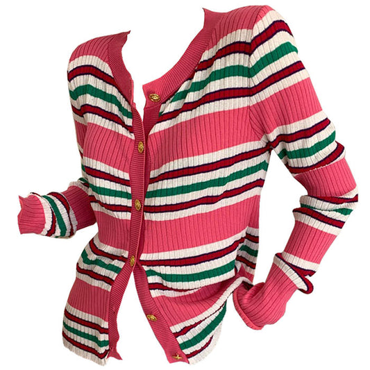 Pink Striped Ribbed Cardigan