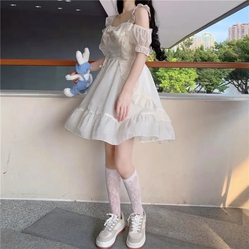 Almond Lilly Kawaii Princess Lolita Off-Shoulder Spring Bow Mini Dress