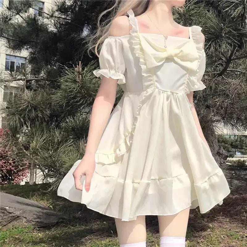 Almond Lilly Kawaii Princess Lolita Off-Shoulder Spring Bow Mini Dress