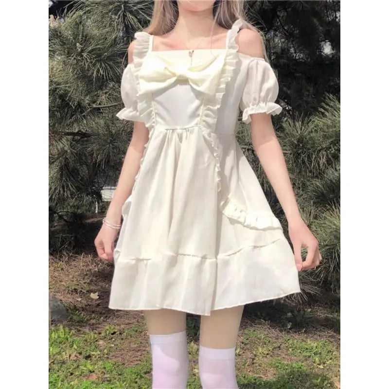 Almond Lilly Kawaii Princess Lolita Off-Shoulder Spring Bow Mini Dress