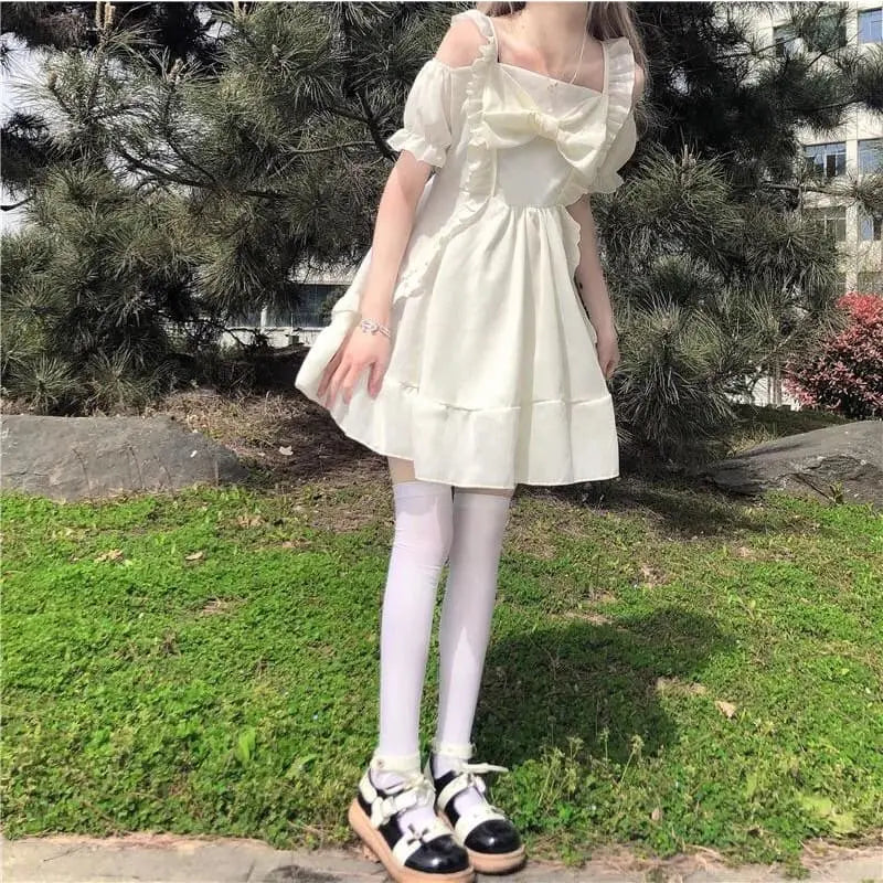 Almond Lilly Kawaii Princess Lolita Off-Shoulder Spring Bow Mini Dress