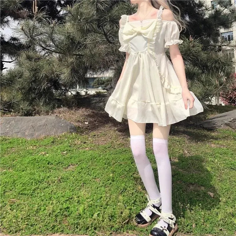 Almond Lilly Kawaii Princess Lolita Off-Shoulder Spring Bow Mini Dress