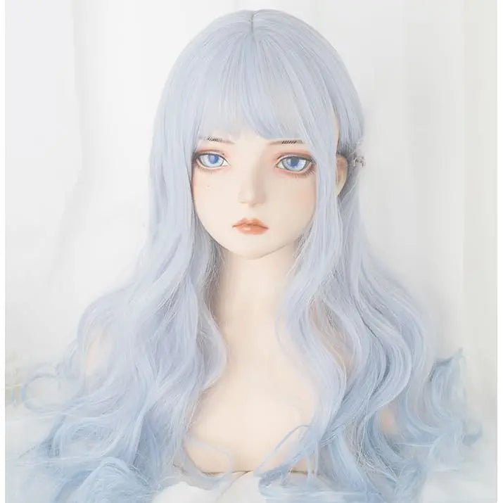 Aqua Blue Gradient Neat Bang Long Curly Wig MK15634