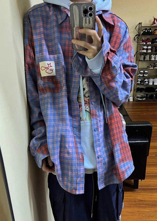 Cotton Plaid Asymmetrical Pockets Spring Shirts Men Art