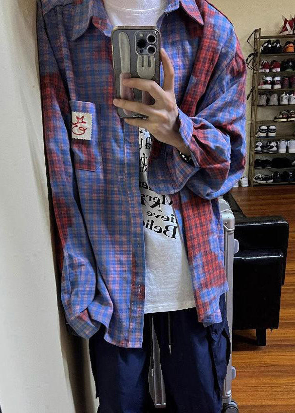 Cotton Plaid Asymmetrical Pockets Spring Shirts Men Art