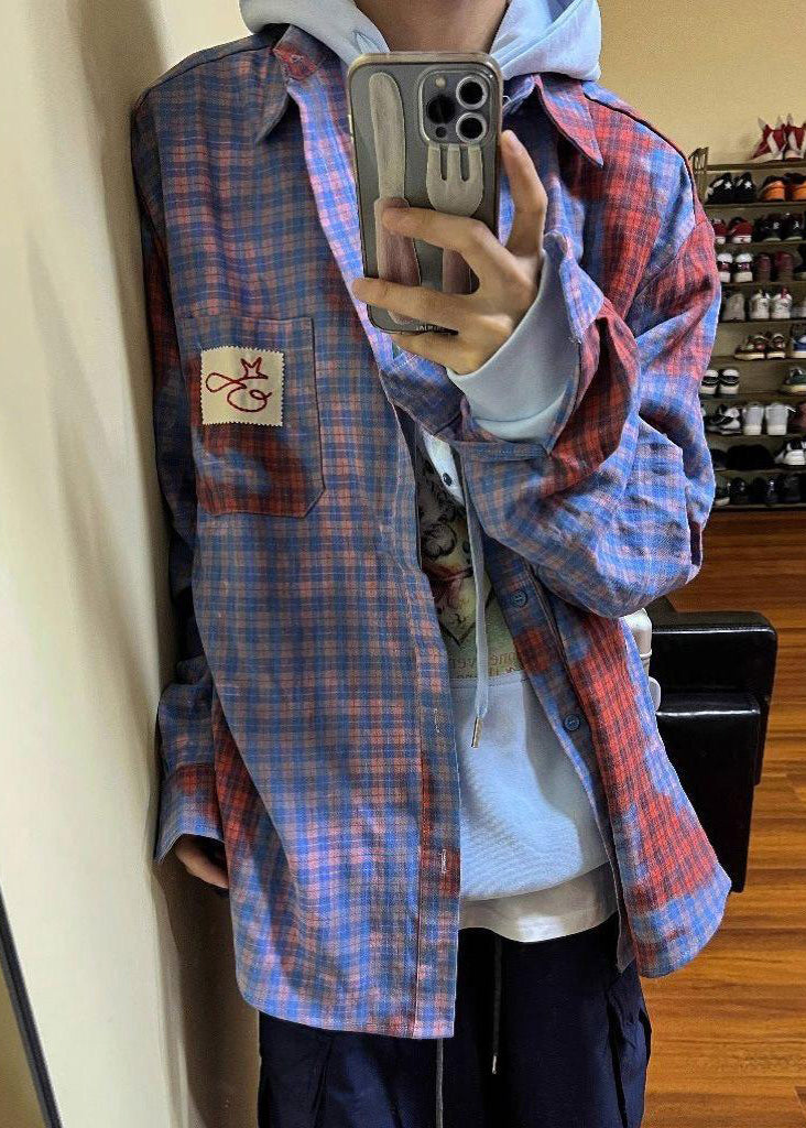 Cotton Plaid Asymmetrical Pockets Spring Shirts Men Art