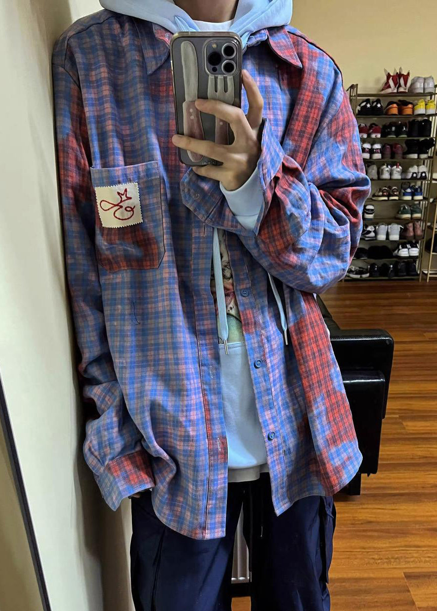 Cotton Plaid Asymmetrical Pockets Spring Shirts Men Art