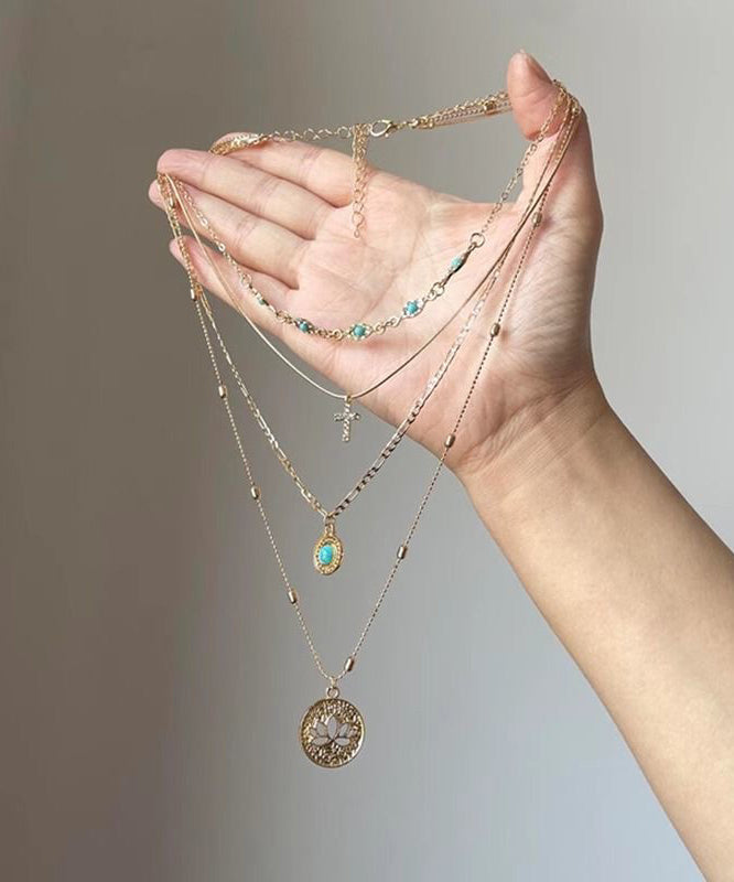 Turquoise Hollow Tassel Layered Pendant Necklace Out Art Sterling Overgild Silver Gold