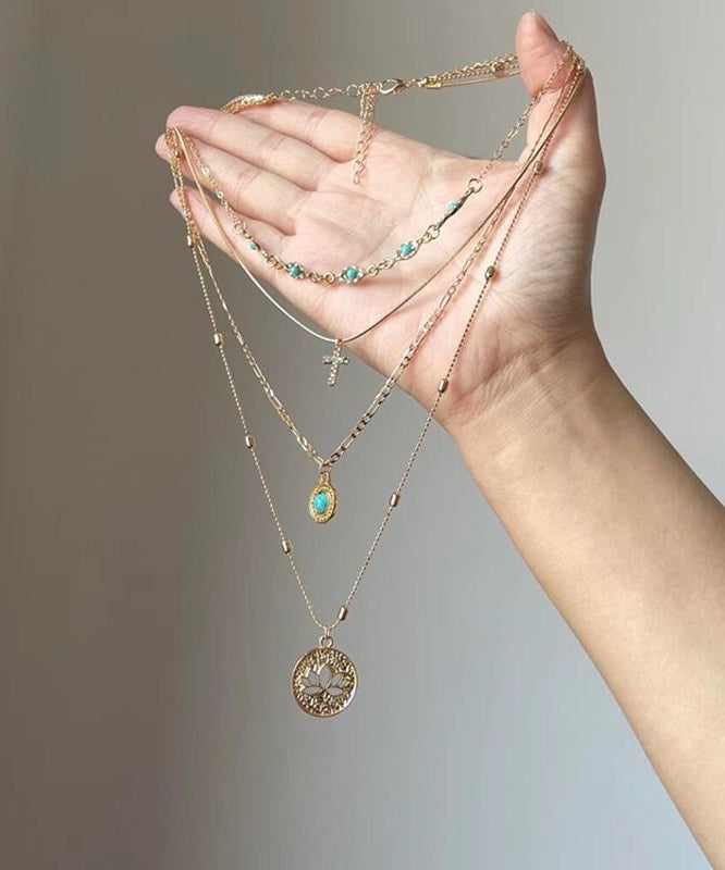 Turquoise Hollow Tassel Layered Pendant Necklace Out Art Sterling Overgild Silver Gold