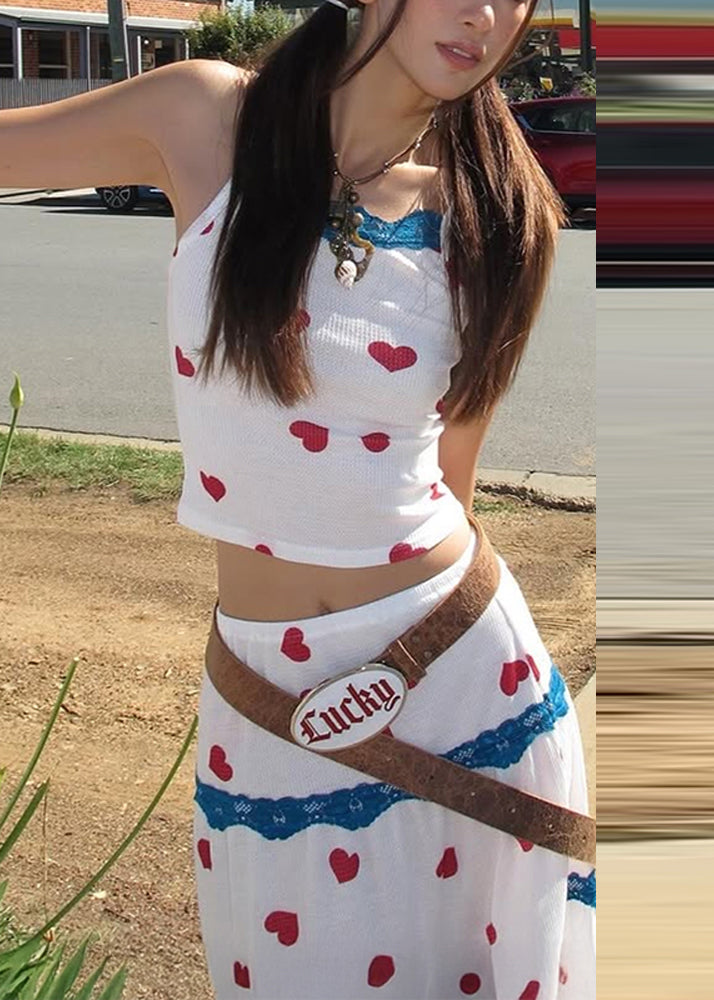 Summer White Vest Maxi Beautiful Two Print And Skirts Set Pieces