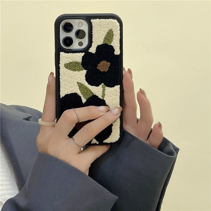 Black Flower Fuzzy iPhone Case