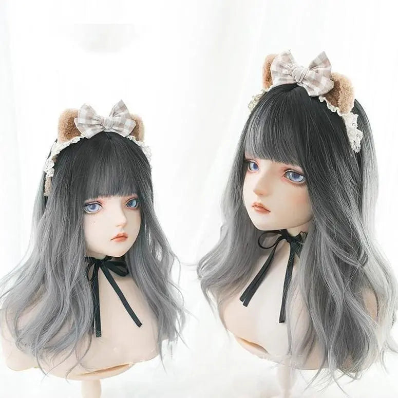 Black Gray Gradient Cute Girl Large Wavy Curl Wig MK15630