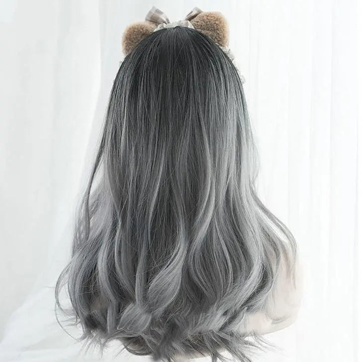 Black Gray Gradient Cute Girl Large Wavy Curl Wig MK15630
